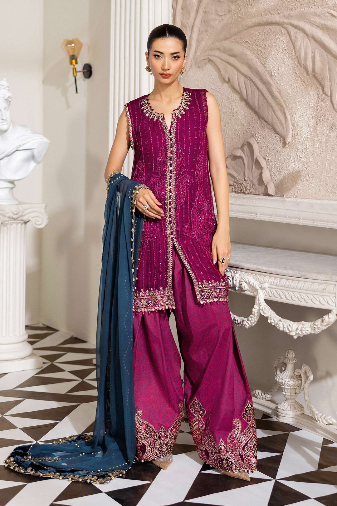 3 Piece Unstitched Embroidered Chiffon Suit | MPC-25-102 MPC-25-102-Magenta In Stock - Image 9
