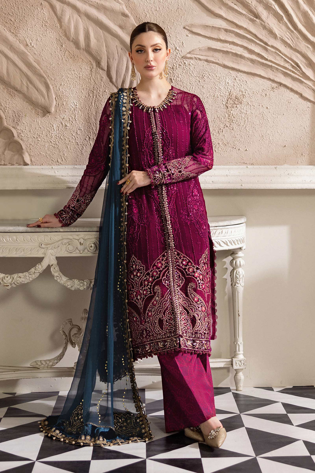 3 Piece Unstitched Embroidered Chiffon Suit | MPC-25-102 MPC-25-102-Magenta In Stock - Image 4
