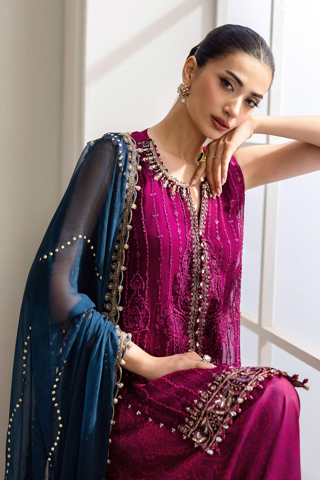 3 Piece Unstitched Embroidered Chiffon Suit | MPC-25-102 MPC-25-102-Magenta In Stock - Image 3