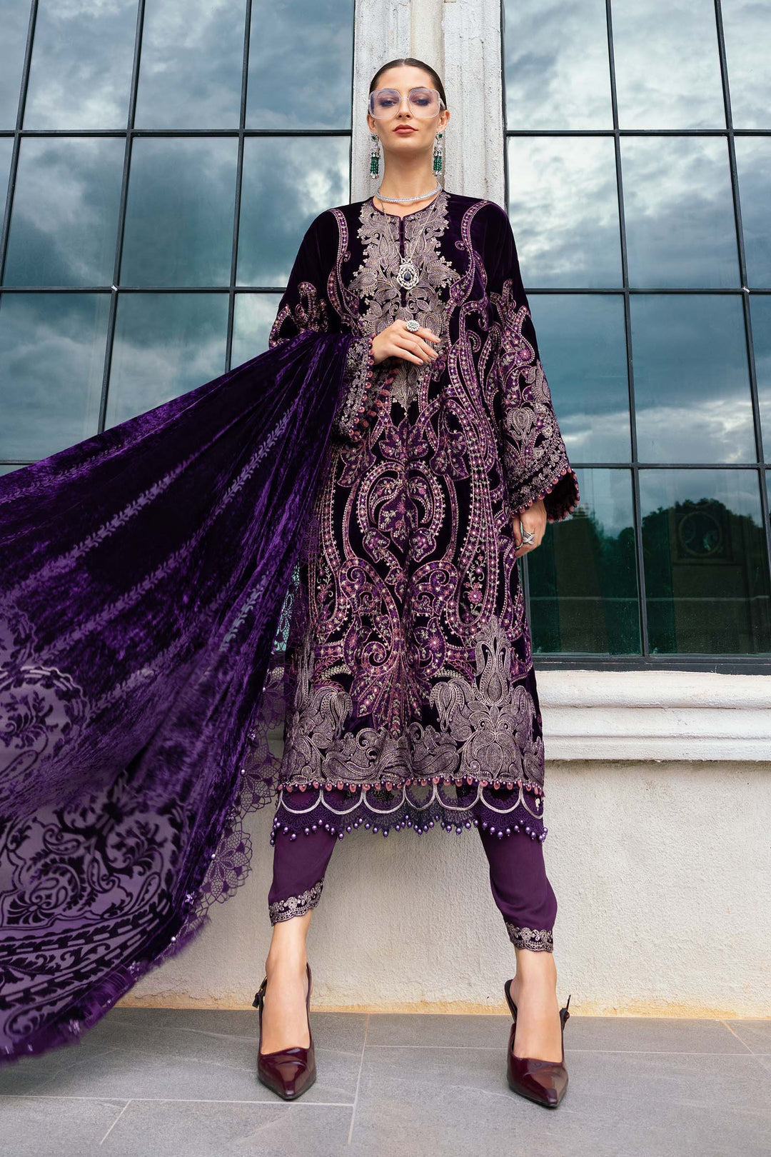 3 Piece Unstitched Embroidered Velvet Suit - Image 5